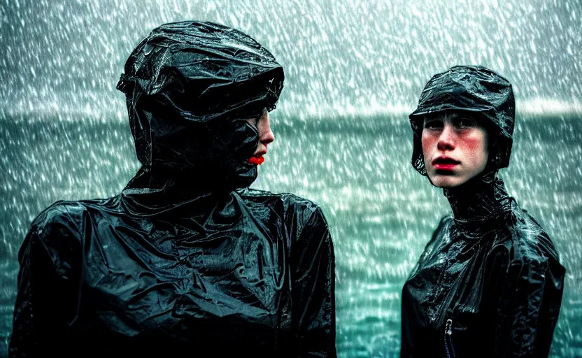Prompt: cinestill 5 0 d candid photographic portrait by helen levitt of two loving female androids wearing rugged black mesh techwear in treacherous waters, extreme closeup, modern cyberpunk moody emotional cinematic, pouring rain, 8 k, hd, high resolution, 3 5 mm, f / 3 2, ultra realistic faces, ex machina