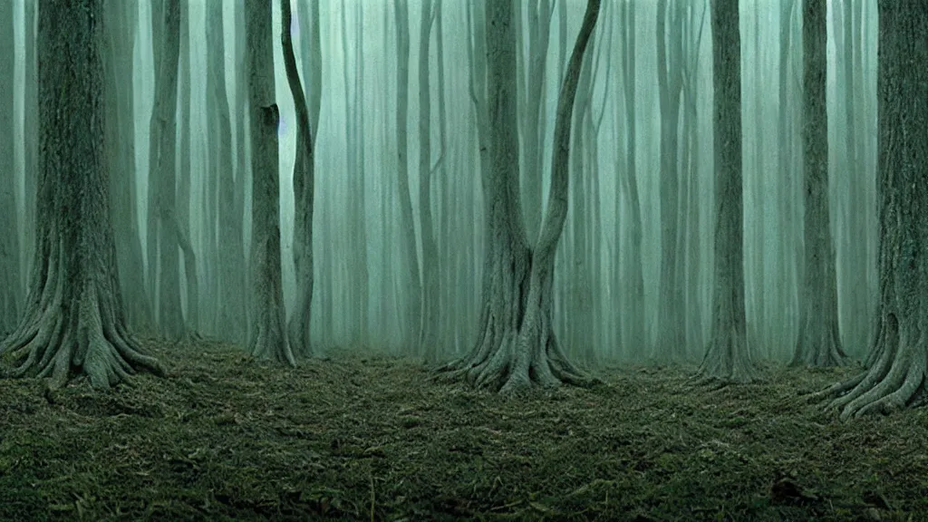 Prompt: can't see the forest through the trees, film still from the movie directed by denis villeneuve and david cronenberg with art direction by zdzisław beksinski and dr. seuss