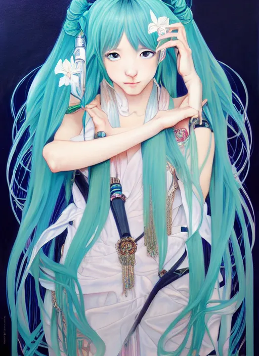 Image similar to oil portrait of hatsune miku, intricate, elegant, highly detailed, lighting, painting, artstation, smooth, illustration, art by greg rutowski and alphonse mucha