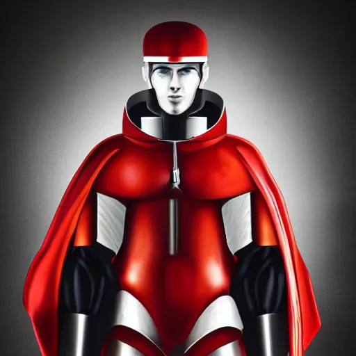 Image similar to headshot of a tall athletic muscular infantry man in glossy sleek white armor with tiny red details and a long red cape, heroic posture, strong jawline, on the surface of mars, night time, dramatic lighting, cinematic, sci-fi, hyperrealistic