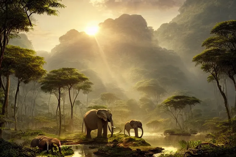 Prompt: African elephants in the jungle, beautiful dynamic lighting, cinematic, wide angle establishing shot, extremely high detail, photo realistic, cinematic lighting, post processed, concept art, artstation, matte painting, style by frederic church, raphael lacoste, alex ross