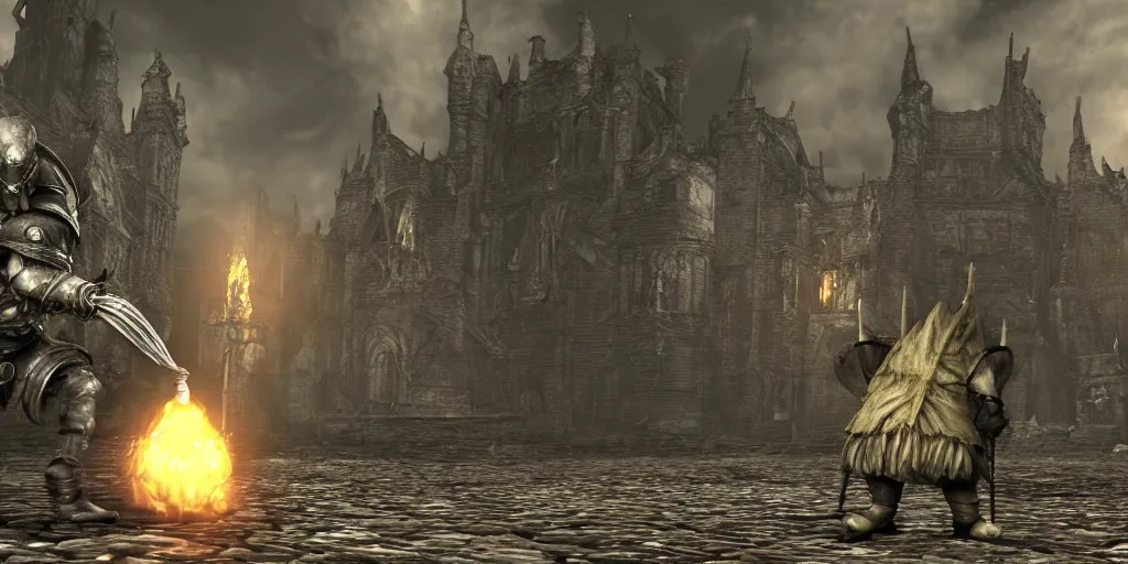 Image similar to minion as a darksouls boss, horror, hd, screenshot,