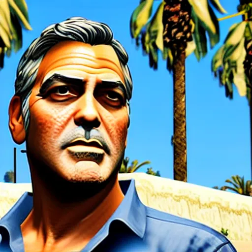 Image similar to george clooney in gta v. los santos in background, shallow depth of field, palm trees in the art style of stephen bliss