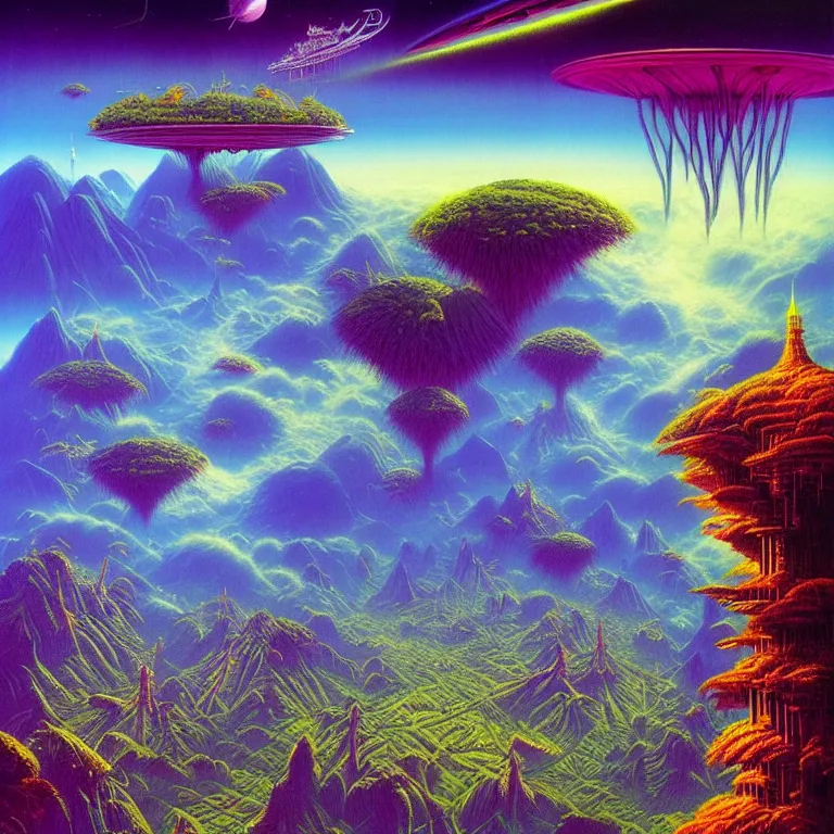 Image similar to cosmic flying cities sailing over lush rainforest mountaintops, synthwave, bright neon colors, highly detailed, cinematic, tim white, vladimir kush, philippe druillet, roger dean, bob eggleton, michael whelan, boris vallejo, alfred kelsner, kubrick, jaroslaw jasnikowski