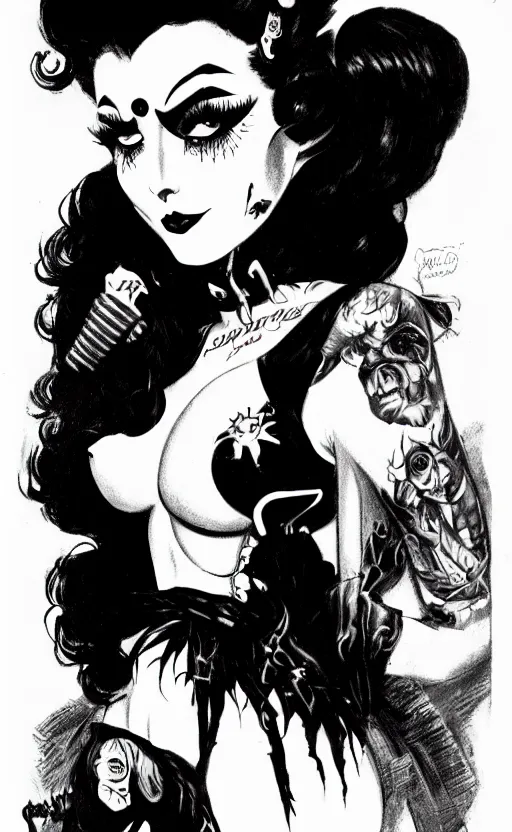 Image similar to of a goth girl burlesque psychobilly, rockabilly, punk, black hair, detailed face, white background, drawing, zoomed out, full body, illustration by frank frazetta