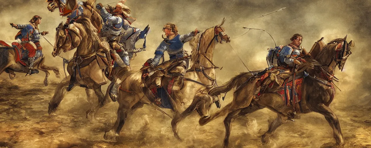 Prompt: two astronauts jousting on horseback, wide shot, digital art, romantic medievalism, extremely high detail, cinematic lighting