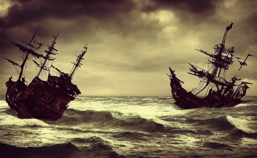 Prompt: “Pirate ship wreck falling from the sky, digital art, cinematic, award winning”