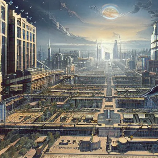 Image similar to terminus city, foundation, asimov, science fiction, cinematic matte painting