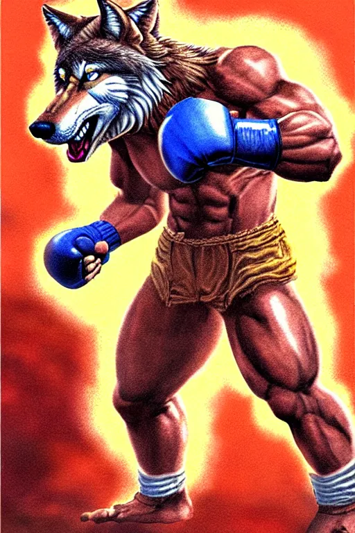 Prompt: extreme long shot. 8 bit nes graphics. antropomorphic muscular masculine wolf. kickboxer fighter in shorts. wolf head. furr on body. art from nes game cartridge
