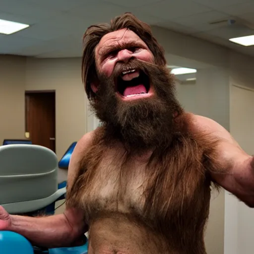 Prompt: A caveman screaming at the dentist office that is located on the highway.