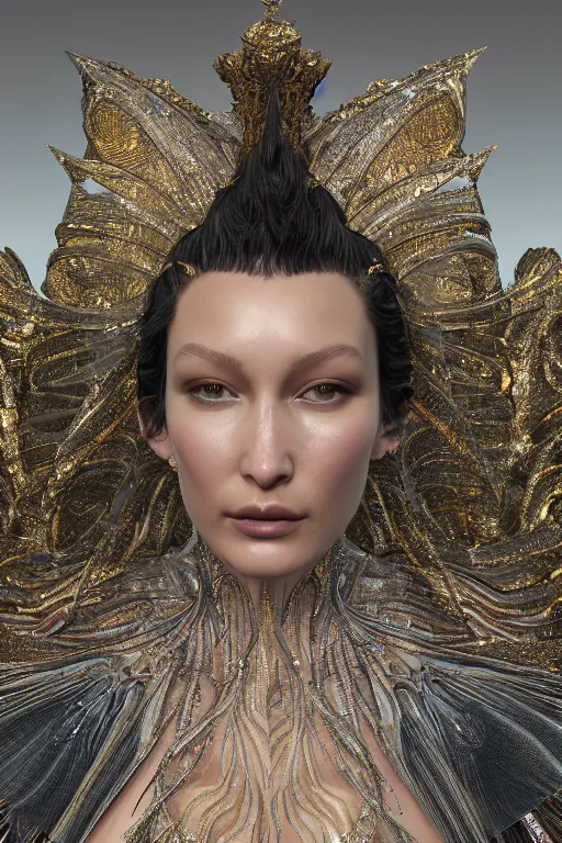 Prompt: a highly detailed metahuman 4 k close up render of an alien goddess bella hadid as shakti in iris van herpen dress schiaparelli in diamonds swarovski and jewelry in style of alphonse mucha gustav klimt trending on artstation made in unreal engine 4