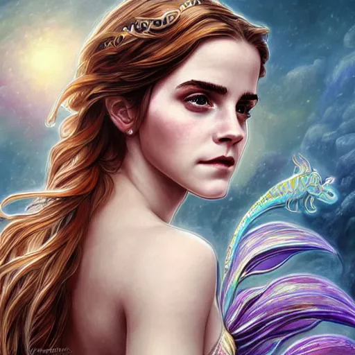 Image similar to Emma Watson as a beautiful mermaid, cute, fantasy, intricate, elegant, highly detailed, digital painting, 4k, HDR, concept art, smooth, sharp focus, illustration, art by artgerm and H R Giger and alphonse mucha