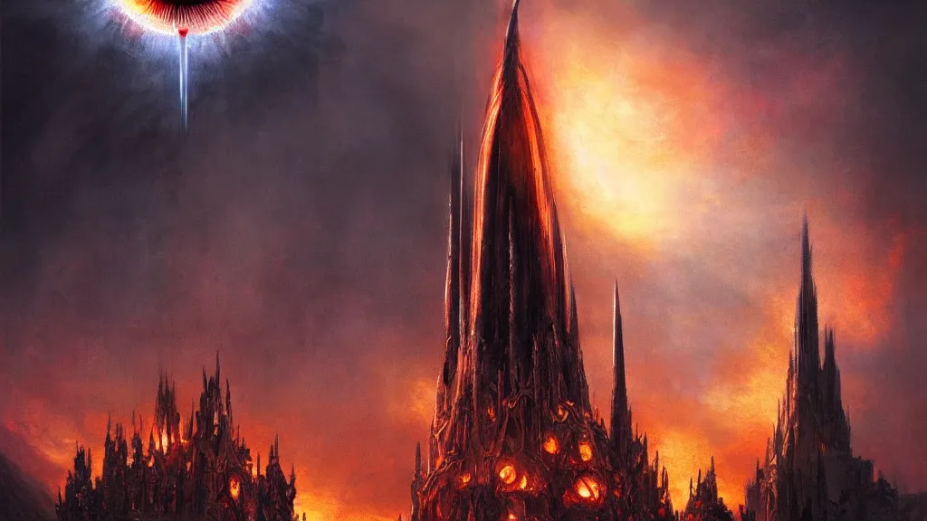 Prompt: flaming eye of sauron above the tower of barad - dur, by alan lee, michal karcz, smooth details, lord of the rings, game of thrones, smooth, detailed terrain, oil painting, trending artstation, concept art, fantasy matte painting