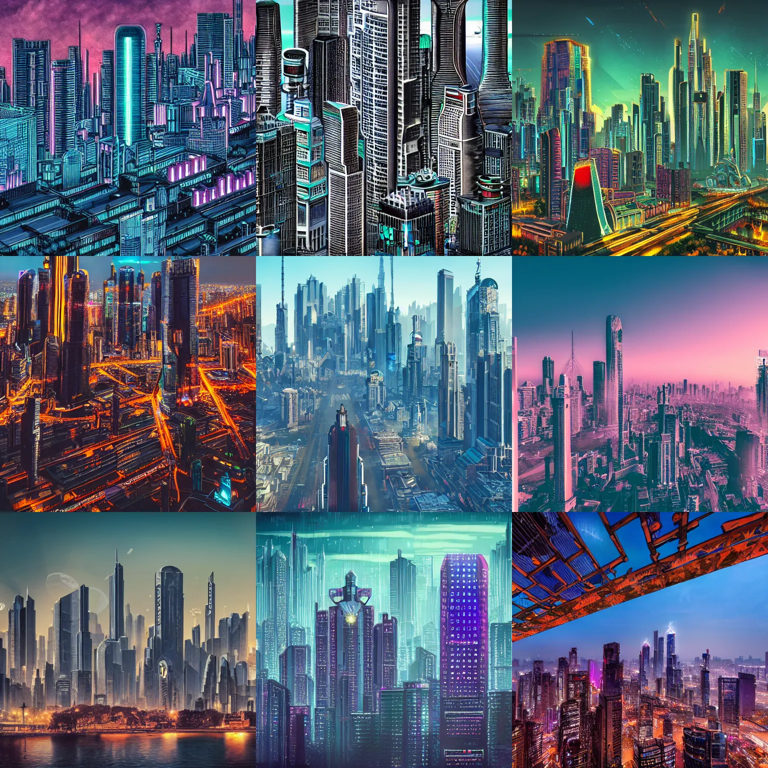 Prompt: detailed photo of a beautiful skyline with cyberpunk Art Deco buildings, parks and monuments