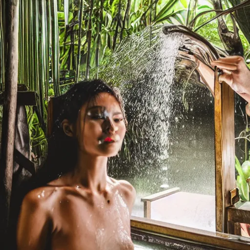 Image similar to 4 k hdr polaroid wide angle portrait of woman instagram models in a bali home in the jungle showering during a rainstorm shower in the jungle with moody overcast lighting