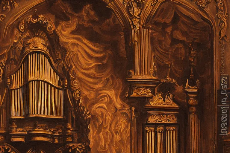 Prompt: pipe organ shape carved into dark smoke, high detail baroque oil painting