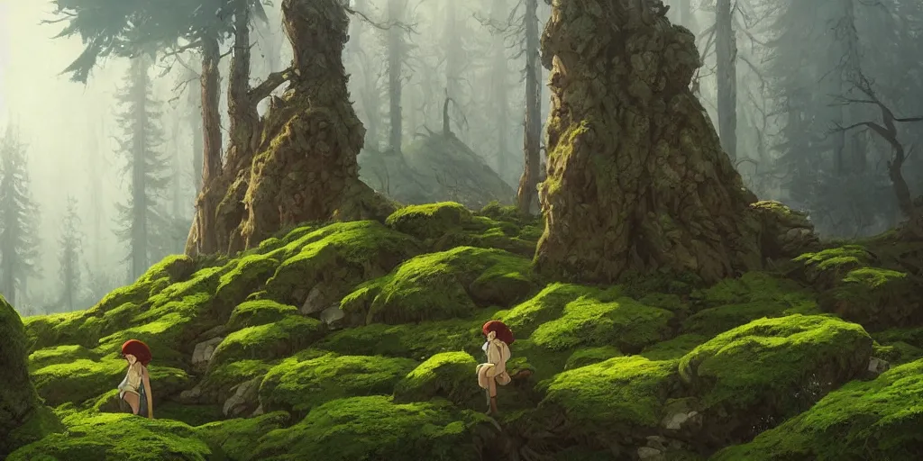 Prompt: a lonely forest background in transylvania, rocks, dead trees, a castle in the background, moss, in the style of studio ghibli, j. c. leyendecker, greg rutkowski, artgerm