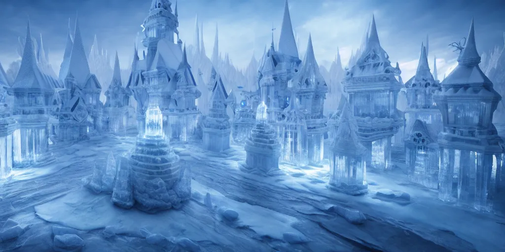 Image similar to in an ethereal ice kingdom city, highly detailed, 8 k, hdr, award - winning, octane render, artstation