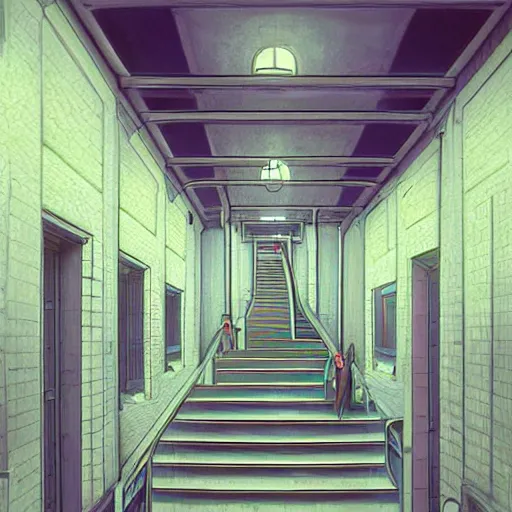 Image similar to a beautiful slimegirl woman in a bright white hallway with many doors and many stairs, Mc Escher architecture, epic composition, by Makoto Shinkai