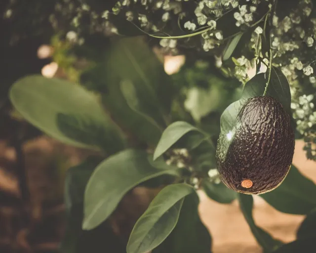 Image similar to 8 5 mm photography of darth vader as an avocado near a garden with sand with dof and bokeh and flowers