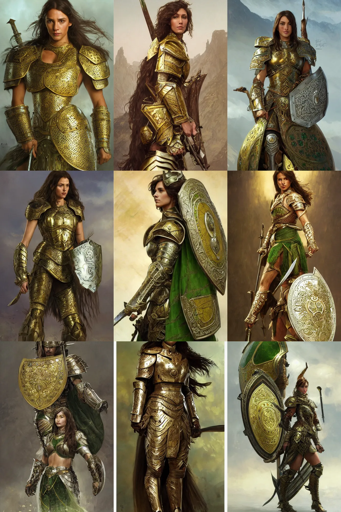 Prompt: full body portrait of a rugged tanned female warrior medium length brown hair and a very highly detailed face wearing elegant white, green and gold plate mail armor intricately painted, holding a huge shield, very highly detailed, artstation, cgsociety, realistic character concept art, sharp focus, by greg rutkowski, and alphonse mucha