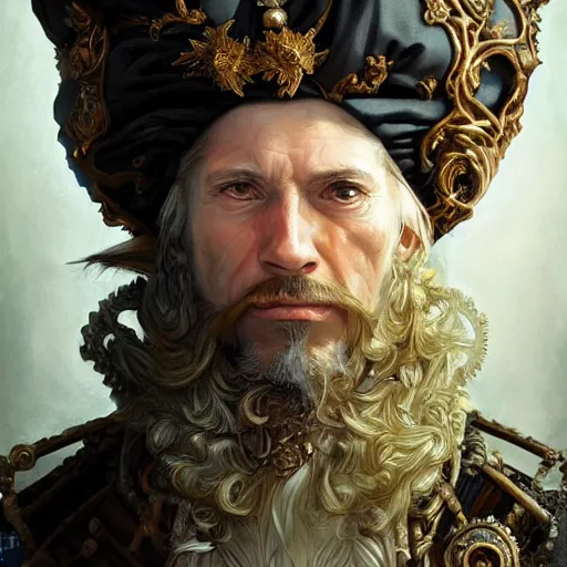 Image similar to portrait, headshot, insanely nice hair style, digital painting, of a old 17th century, old cyborg merchant, amber jewels, baroque, ornate clothing, scifi, realistic, hyperdetailed, chiaroscuro, concept art, art by Franz Hals and Jon Foster and Ayami Kojima and Amano and Karol Bak,