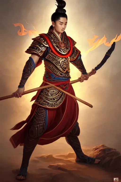 Image similar to handsome nezha, highly detailed, man holding spear, flame everywhere, epic pose, masterpiece chinese fantasy character portrait, highly detailed, digital painting, trending on artstation, concept art, sharp focus, illustration, global illumination, ray tracing, realistic shaded, art by artgerm and greg rutkowski and fuji choko and viktoria gavrilenko and hoang lap