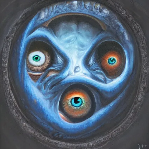 Image similar to A portrait of a monster that has a big eye ball instead of a head, dark, blue light, black gradient background, oil painting