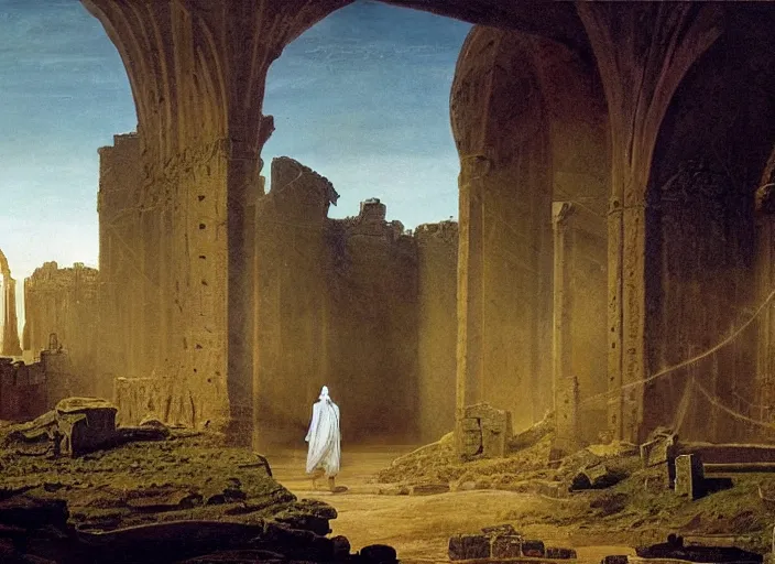 Image similar to a land of ruins of lost civilization with a fort in the middle, pure gold pillars, water tunnels below and a magical time gate to another dimension, a wounded man wearing a white robe standing watching over, dramatic lighting, dawn, by caspar david friedrich, concept art