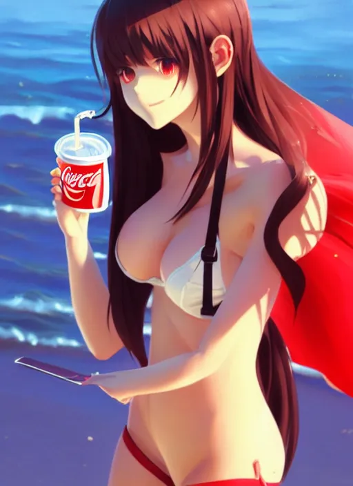 Image similar to full body picture of a extremely beautiful and attractive and cute and aesthetic girl drinking a coke, highly detailed face, very thirsty, dripping on the body, sharp focus, shiny day on the beach, specular reflection, occlusion shadow, trending on artstation, epic light novel cover art, art by ilya kuvshinov and sakimichan and jeremy lipking