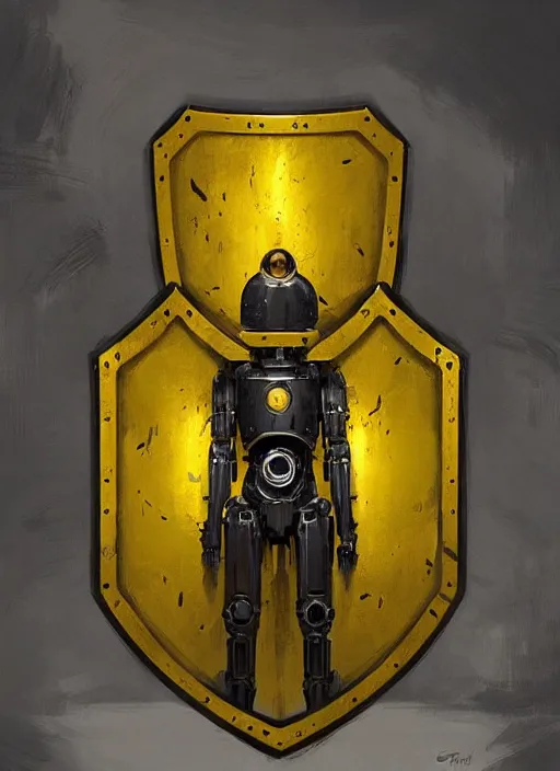 Image similar to human-sized strong intricate yellow pit droid holding paladin medieval shield!!!, pancake short large head painterly humanoid mecha, by Greg Rutkowski