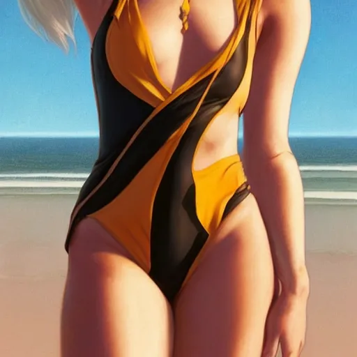 Prompt: portrait of cassandra cain wearing one - piece swimsuit, at the beach, attractive, casual, modern, victoria's secret, highly detailed, digital painting, artstation, concept art, smooth, sharp focus, illustration, art by artgerm, greg rutkowski and alphonse mucha