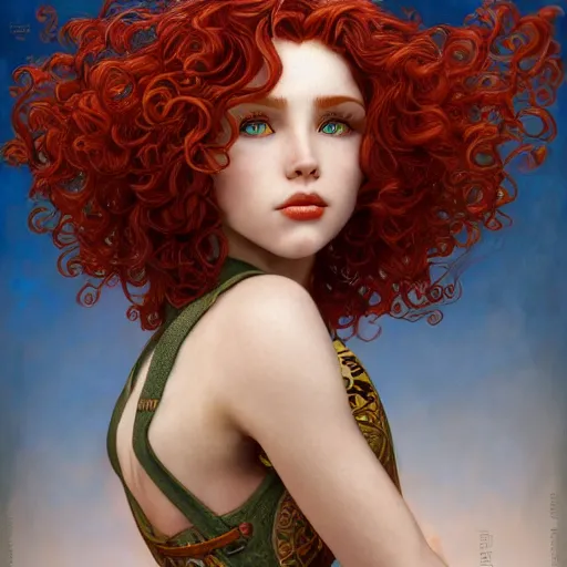 Prompt: Piranha Plantette Super Crown Girl with red curly hair drawn by Donato Giancola and Tom Bagshaw, face by Artgerm, overall design by Alphonse Mucha, background by James Jean and Gustav Klimt, light by Julie Bell, 4k, porcelain skin, komorebi, french nouveau, trending on artstation, octane render, hyperrealistic