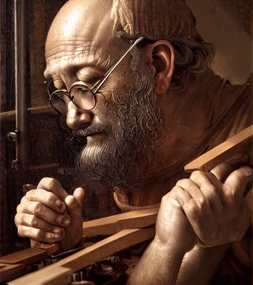 Image similar to portrait of a man building a machine, by ( leonardo da vinci ), sharp focus, intense emotion, illustration, centered, intricate, artstation, detailed facial expression, elegant, highly detailed, digital painting, concept art, wlop, smooth, detailed surroundings