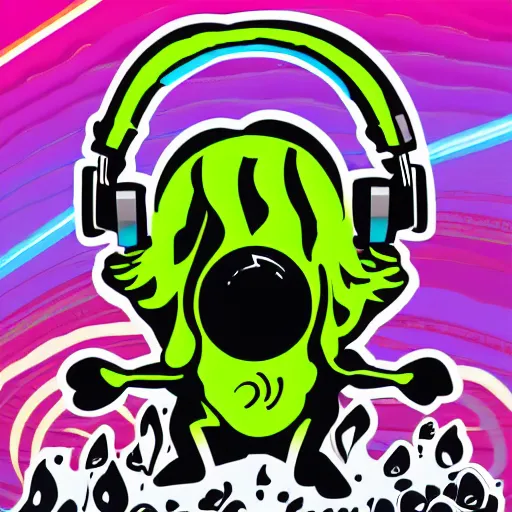 Image similar to svg sticker of a Pop-Wonder Alien-Bog-Monster-Swamp-Rat-Thunder-Coot-Racing-Fan at a rave, spinning records, giant headphones rocking out, wearing headphones, huge speakers, dancing, rave, DJ, spinning records, digital art, amazing composition, rule-of-thirds, award-winning, trending on artstation, featured on deviantart