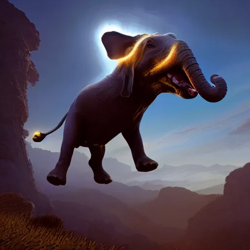 Prompt: dog jumps over hill, dog looks like elephant, jumping elephant with trunk, intricate, epic lighting, cinematic composition, hyper realistic, 8 k resolution, unreal engine 5, by artgerm, tooth wu, dan mumford, beeple, wlop, rossdraws, james jean, marc simonetti, artstation