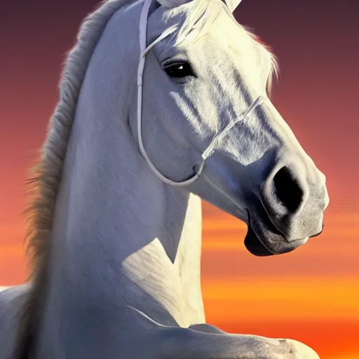 Prompt: harrison ford on a white stallion, photogenic, realistic, sunset, detailed, 4 k