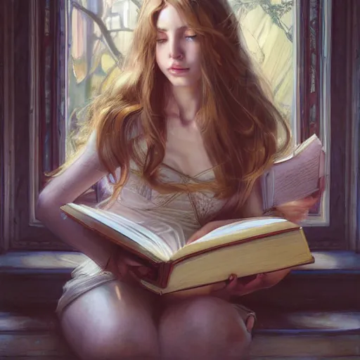 Prompt: a beatiful girl reading book, hair flowing down, detailed, centered, digital painting, artstation, concept art, donato giancola, Joseph Christian Leyendecker, WLOP, Boris Vallejo, Breathtaking, 8k resolution, extremely detailed, beautiful, establishing shot, artistic, hyperrealistic, beautiful face, octane render, cinematic lighting, dramatic lighting, masterpiece