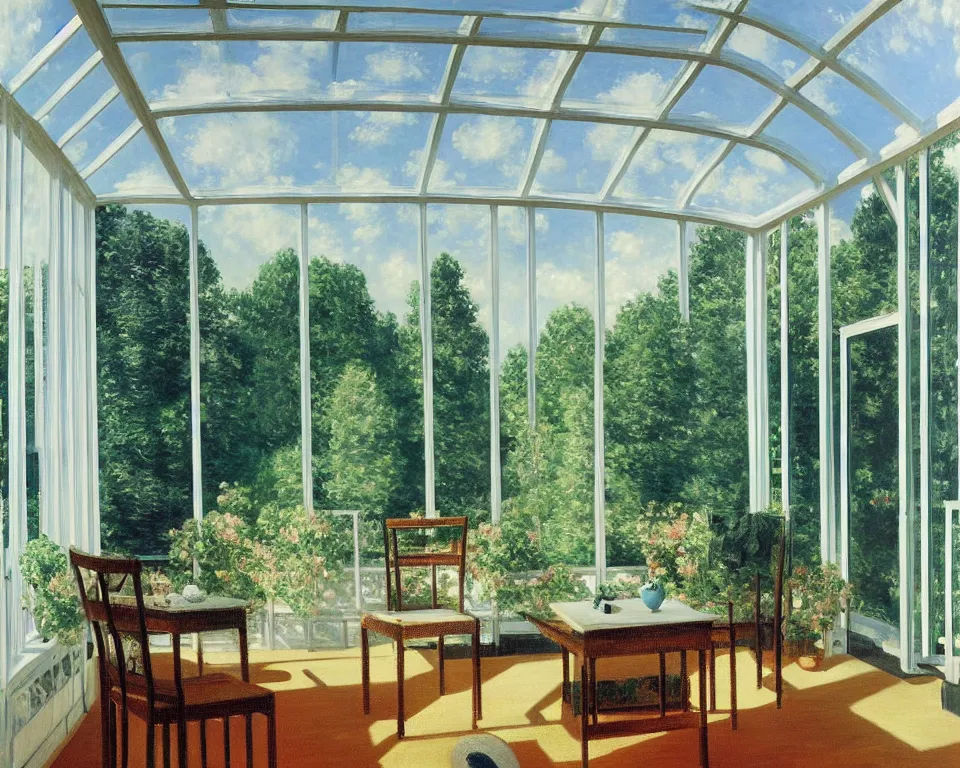 Image similar to achingly beautiful painting of a sophisticated, well - decorated, modern sunroom by rene magritte, monet, and turner.