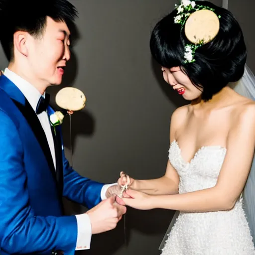 Image similar to cookie monster marrying justin sun, professional gay wedding photography