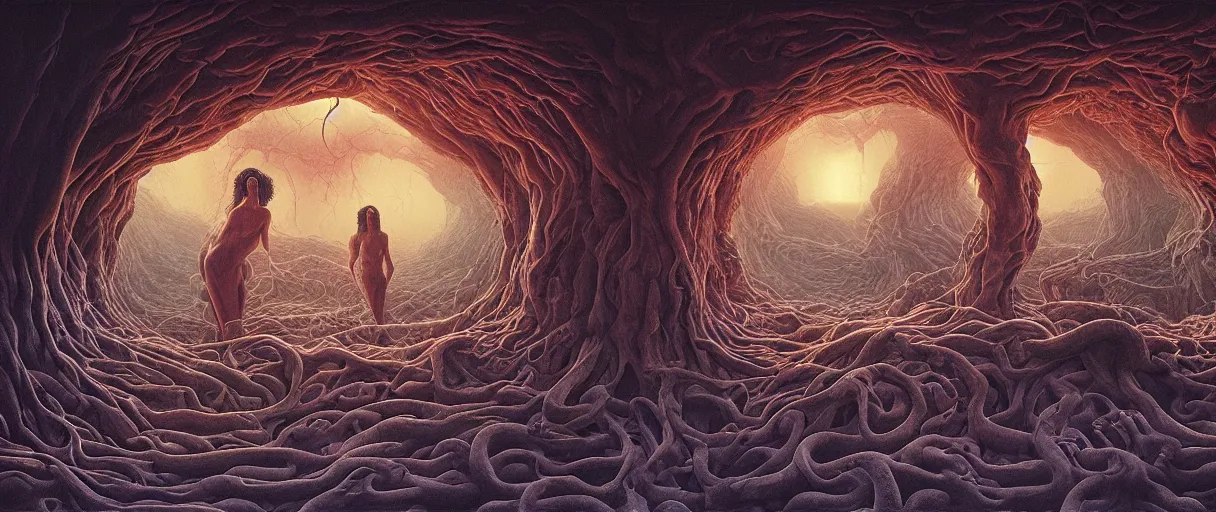 Prompt: Adam and Eve inside the brain, snake is surrounding them, beautiful dramatic moody lighting, cinematic atmosphere, by Jean Giraud, Alex Grey, Zdzislaw Beksiński, Dan Mumford, Patiphan Sottiwilaiphong, Yintion J - Jiang Geping