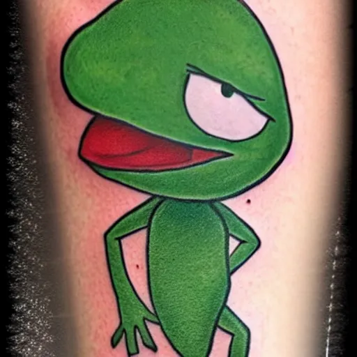 Prompt: tattoo of kermit the frog from sesame street with joker makeup