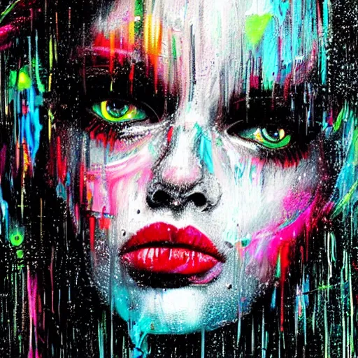 Prompt: splashes of neon, punk portrait made out of paint with rain in the background, trending on artstation, epic composition, emotional, beautiful, rendered in octane, highly detailed, realistic, tim burton comic book art, sharp focus, detailed eyes