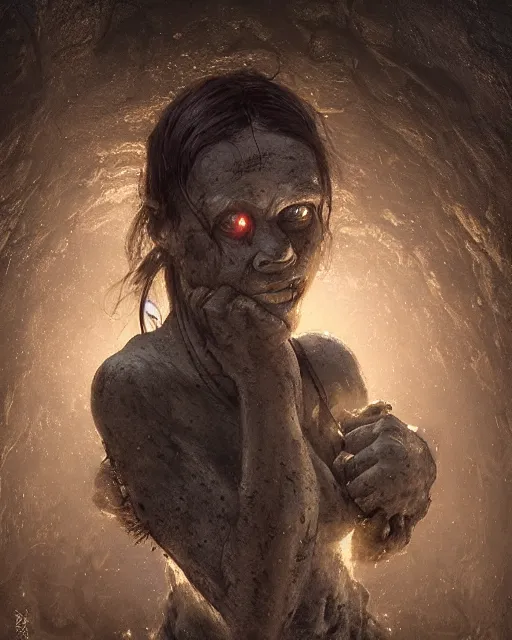 Image similar to a coalminer woman covered in coal dust in a mine lit by kerosene lamps, sweaty and gross pioneer work, scary cave lighting, detailed face, by makoto shinkai, stanley artgerm lau, wlop, rossdraws