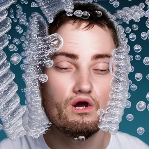 Prompt: portrait of a man who's face is made of bubble wrap plastic, he looks terrified, realistic photoshop