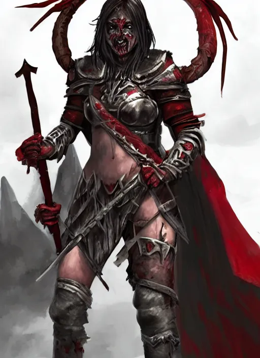 Image similar to dnd art, female vampire warrior, no shoes, barefoot, exposed toes, black nail polish, black full plate armor, historical armor, realistic armor, muscular, full body portrait, monstrous mask, giant two - handed sword dripping blood, red wings, grinning, realistic, pathfinder, flying.