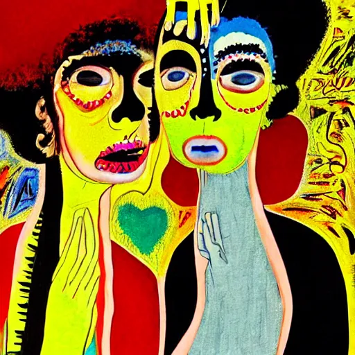 Image similar to beautiful painting of two bizarre psychedelic women kissing each other closeup in tokyo in autumn, speculative evolution, mixed media collage by basquiat and junji ito, magazine collage art, paper collage art, sapphic art, lesbian art