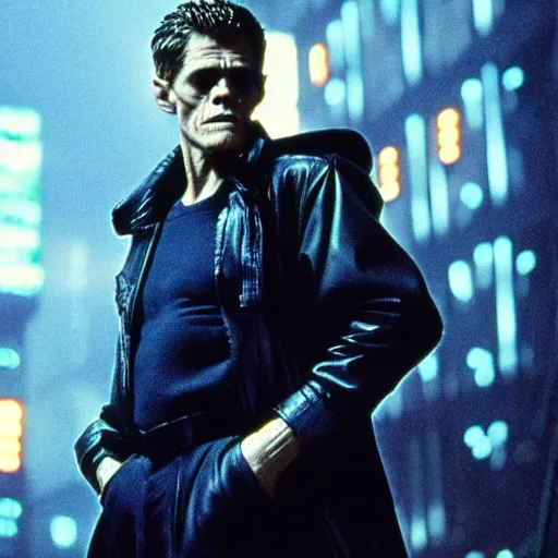 Image similar to william dafoe starring in a cyberpunk story in a distopic futuristic city in the style of bladerunner, movie still, highly detailed