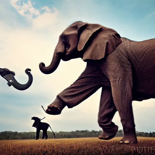 Prompt: a dog riding an elephant, photography,