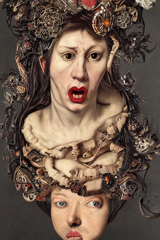 Image similar to Detailed maximalist portrait with large lips and with large eyes, angry expression, HD mixed media, 3D collage, highly detailed and intricate illustration in the style of Caravaggio, dark art, baroque